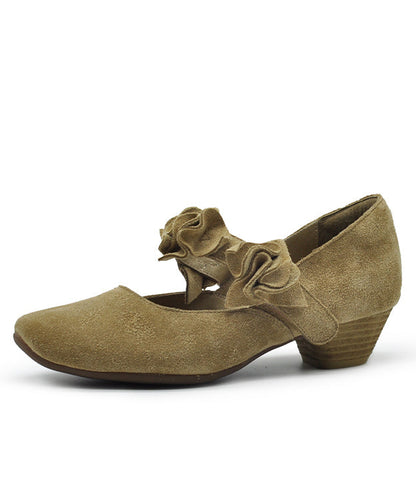 New Handmade Apricot Flower Chunky Heels