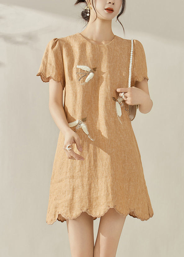 New Orange O-neck Embroidered Ruffled Mid Dress Summer