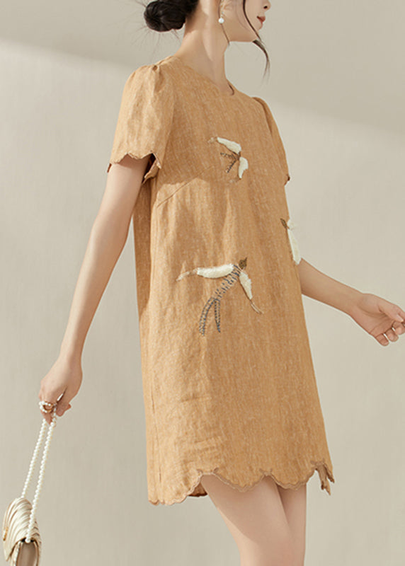 New Orange O-neck Embroidered Ruffled Mid Dress Summer