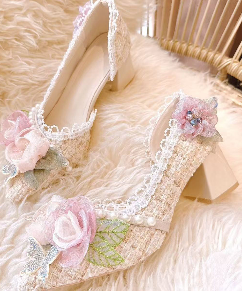 New Pink Flower Nail Bead Pointed Toe Coarse Heels