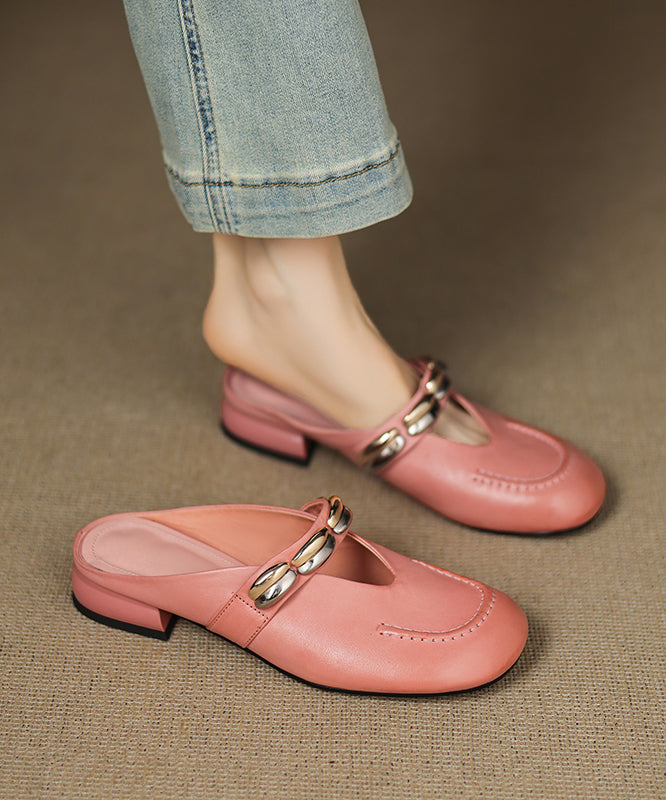 New Pink Splicing Cowhide Leather Slide Sandals