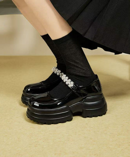 New Platform Loafers Black Faux Leather Buckle Strap Zircon