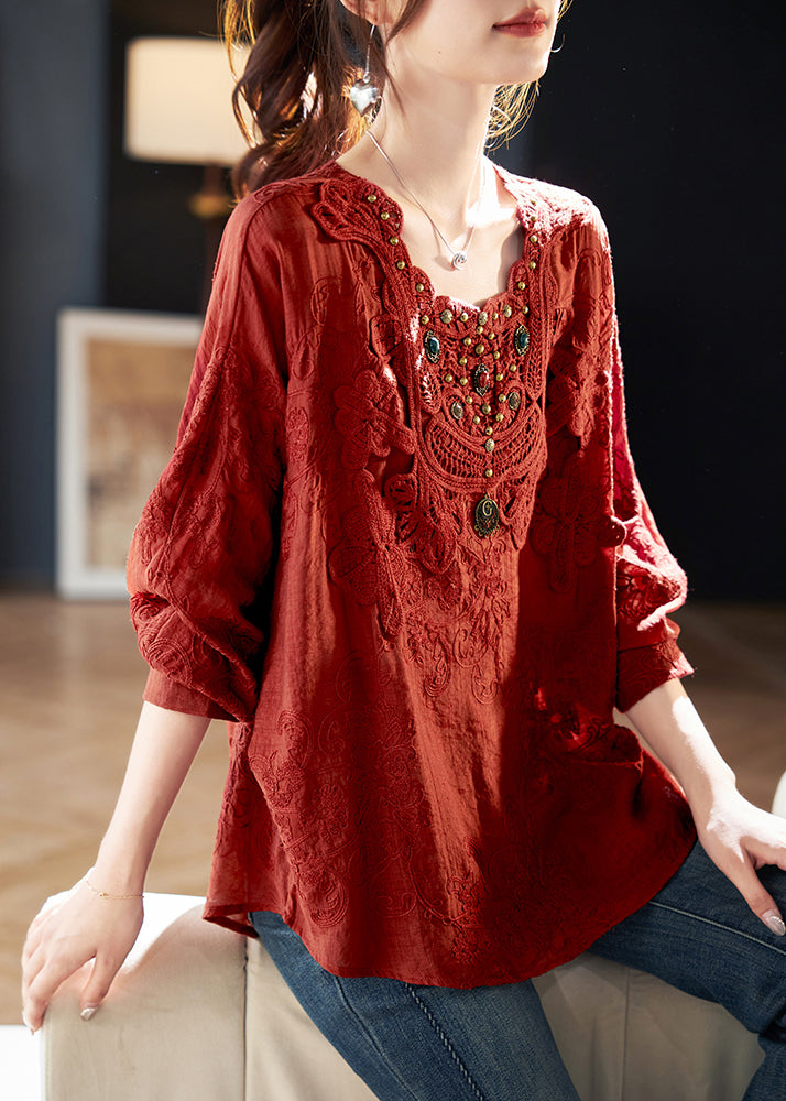 2025 New Red Square Collar Embroidered Cotton Tops Spring