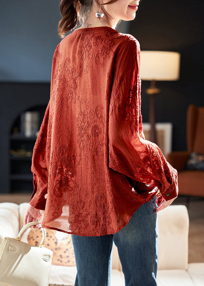2025 New Red Square Collar Embroidered Cotton Tops Spring