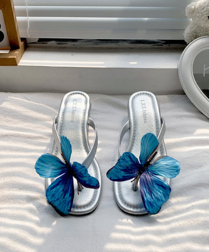 New Silver Butterfly Faux Leather Wedge Flip Flops