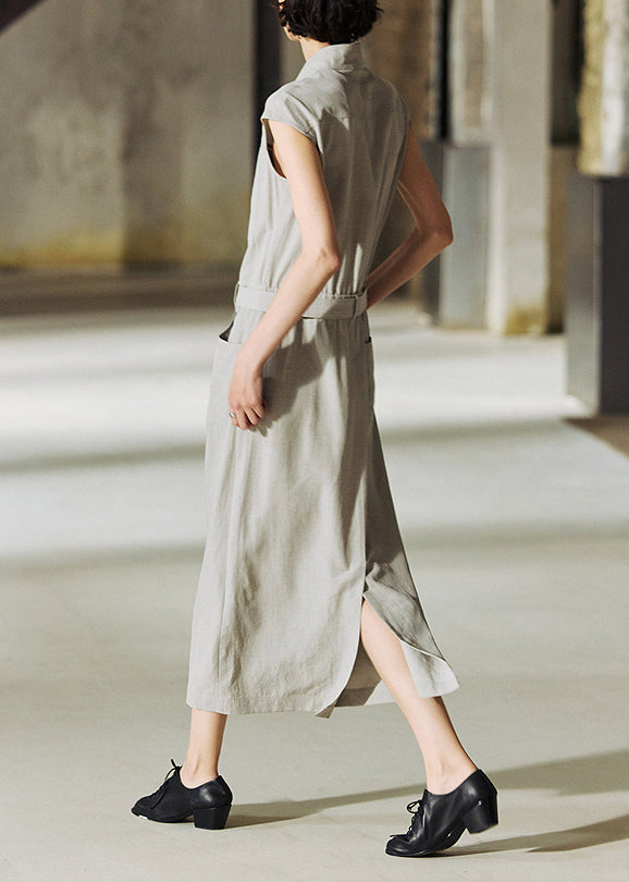 New Stand Collar Pockets Cotton Long Dresses Summer
