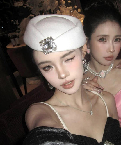 New Style French White Zircon Woolen Beret Hat
