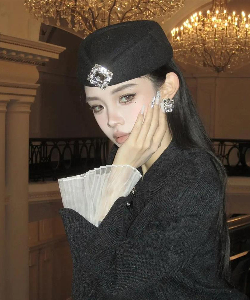 New Style French White Zircon Woolen Beret Hat