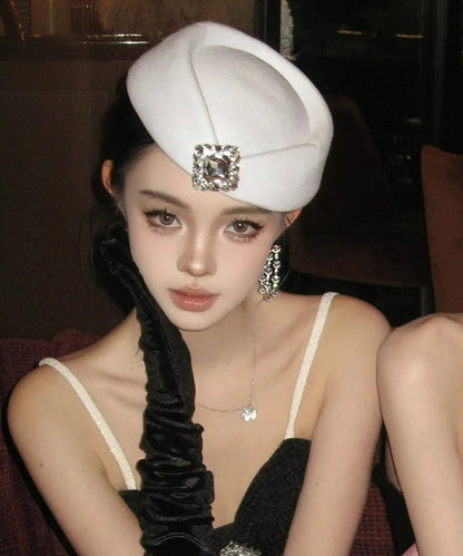 New Style French White Zircon Woolen Beret Hat