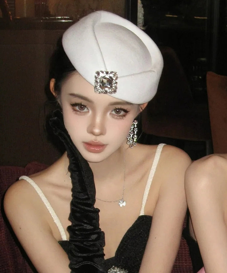 New Style French White Zircon Woolen Beret Hat