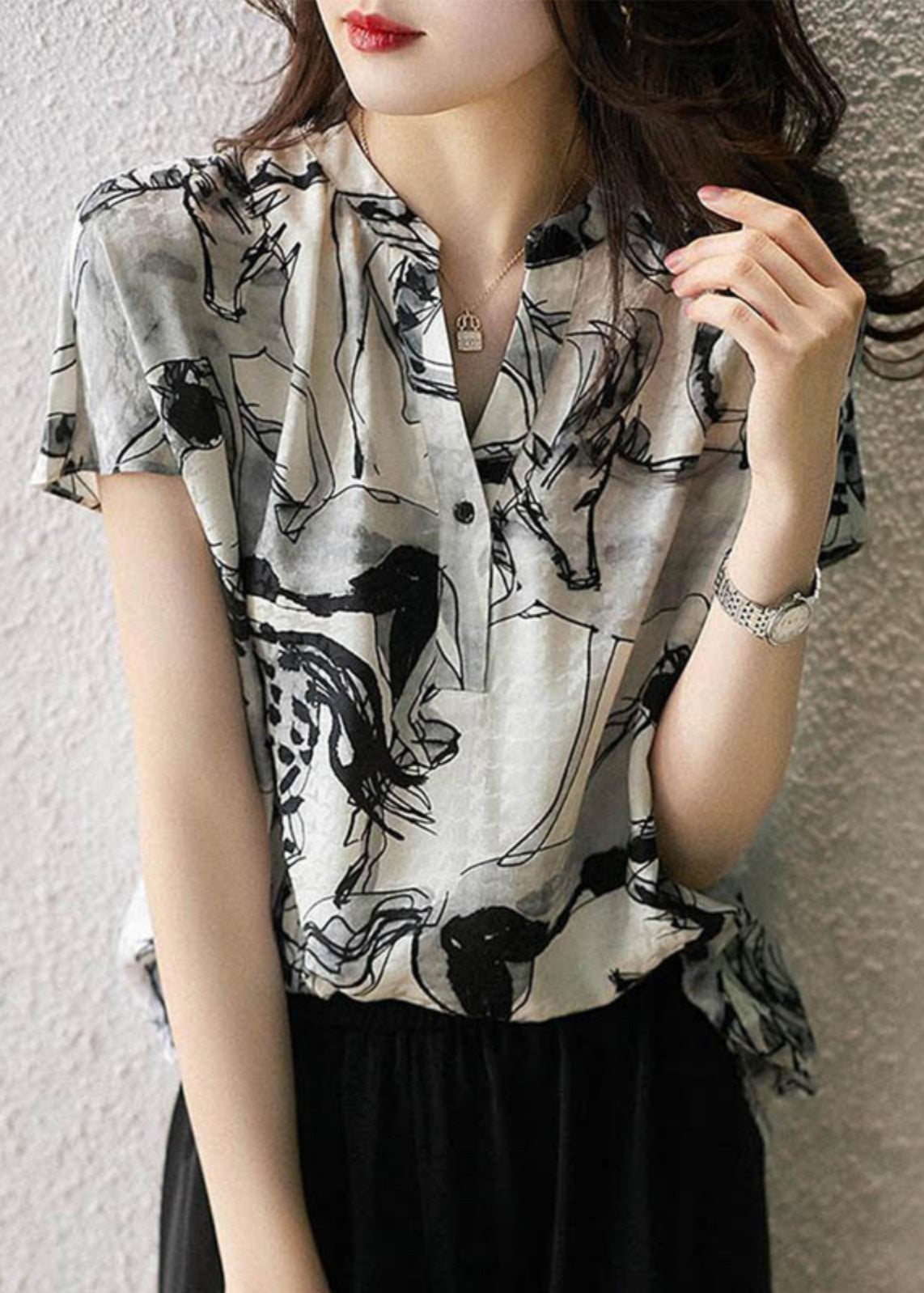 New V Neck Print Chiffon Tops Summer
