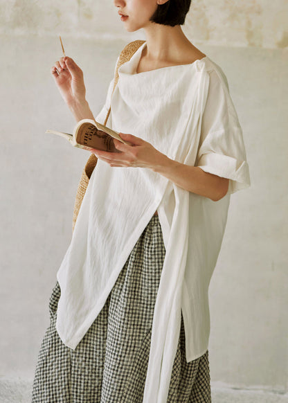 New White Asymmetrical Design Cotton Shirts Summer