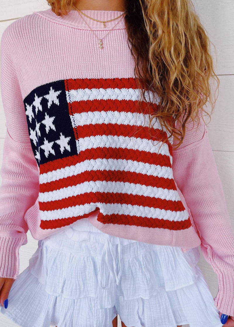 New White O Neck Striped Knit Pullover Spring