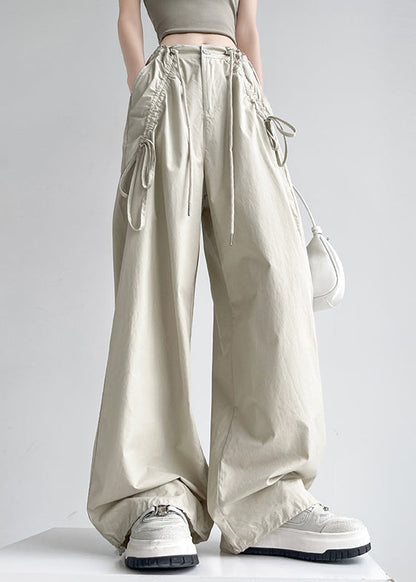 New Yellow Pockets Drawstring High Waist Cotton Pants Spring