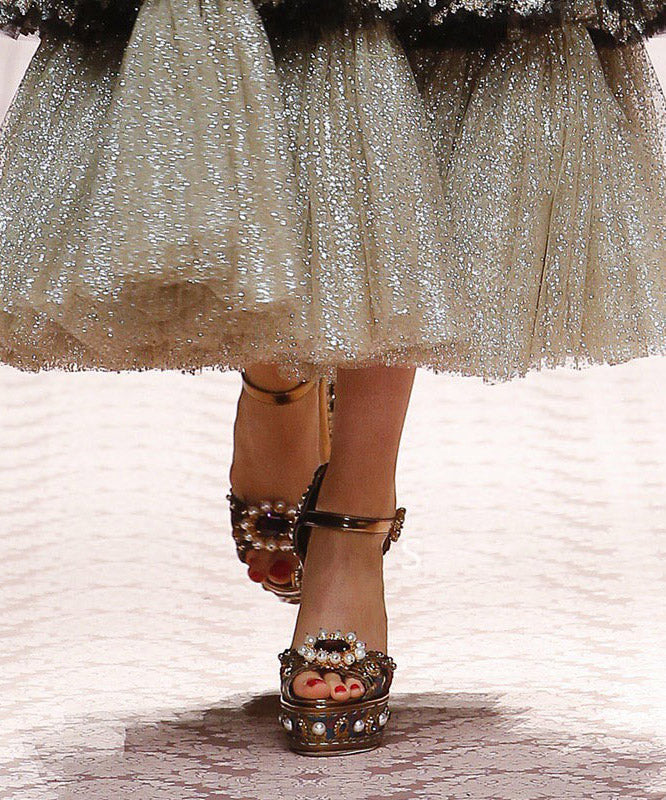 Red Zircon Nail Bead Embroidered Platform Heels Sandals