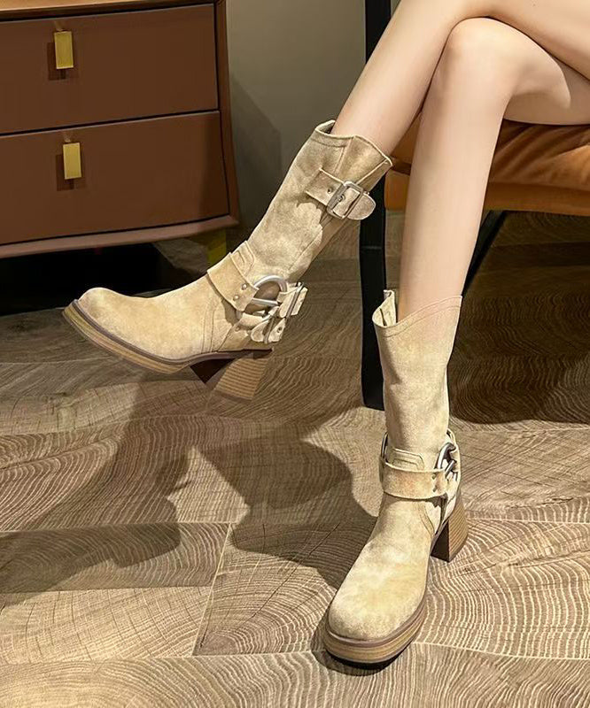Splicing Chunky Cowboy Boots Caramel Suede