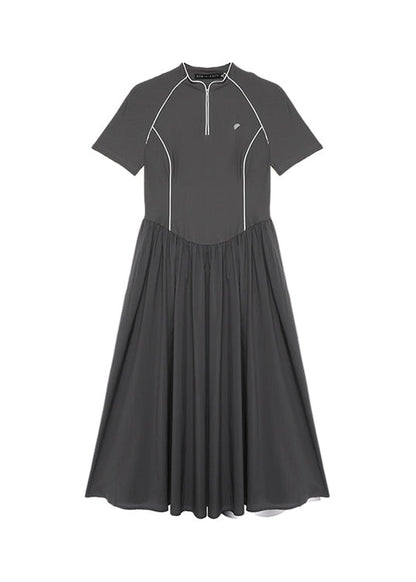 Summer Dark Grey Stand Collar Wrinkled Splicing Dress
