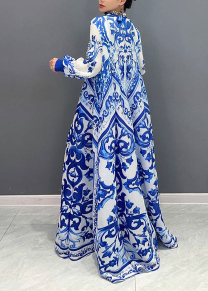 Summer New Blue and White Porcelain Print Chiffon Pleated Long Dress
