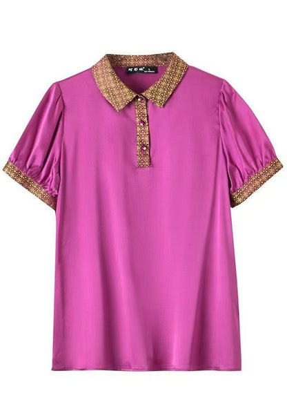 New Rose Print Button Patchwork Silk Tops Half Sleeve