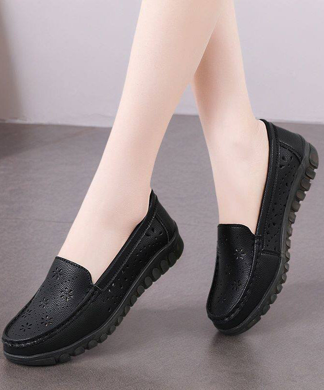 Hollow Out Flat Feet Shoes Beige Cowhide Leather