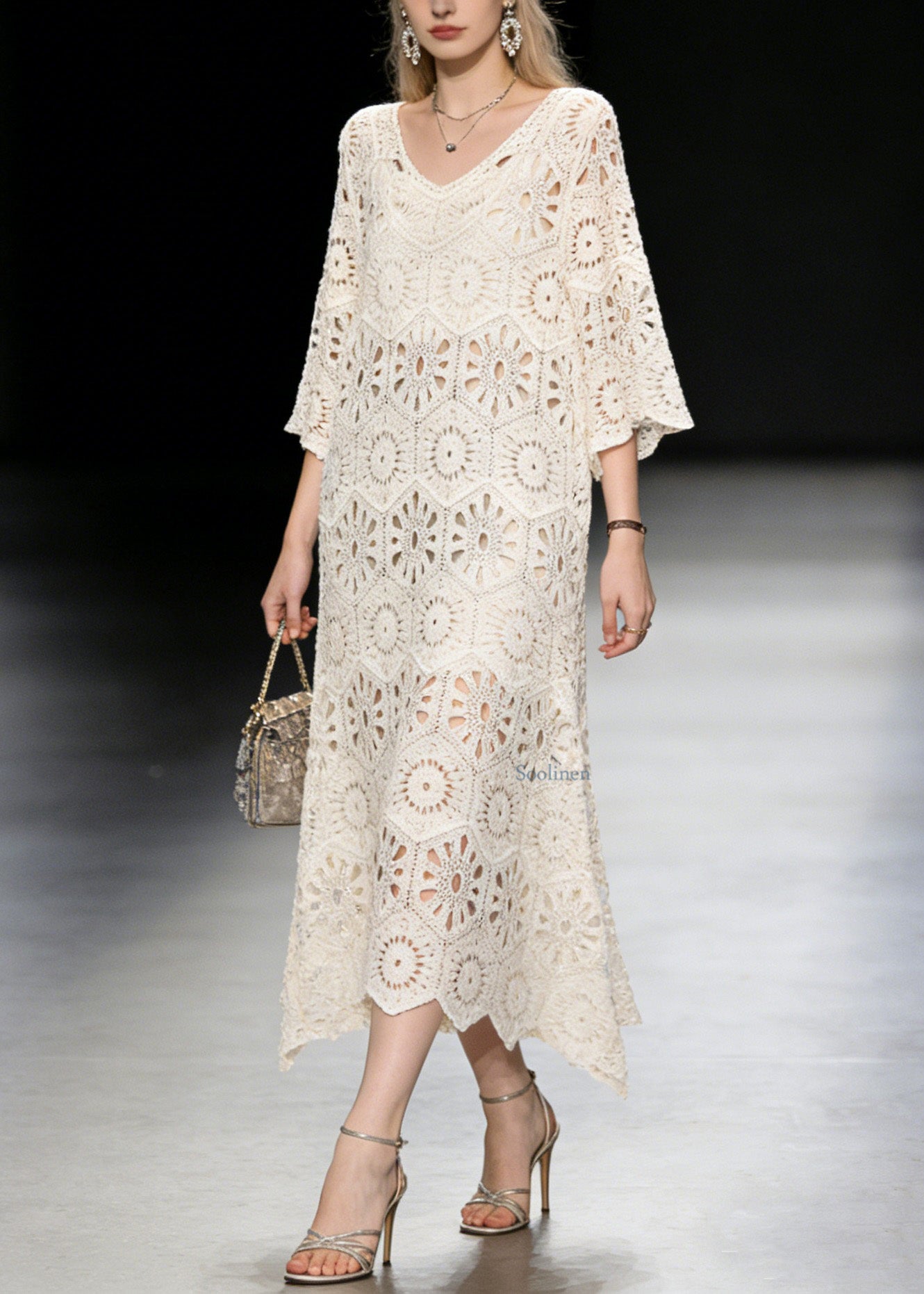 New Apricot V Neck Hollow Out Knit Long Dress Summer