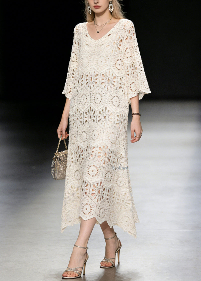 New Apricot V Neck Hollow Out Knit Long Dress Summer