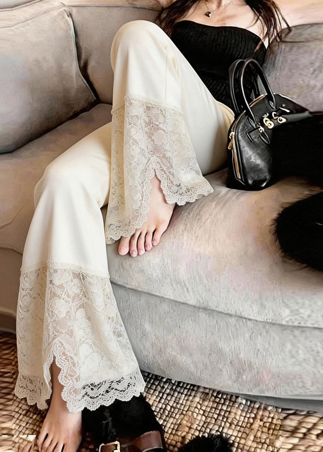 New Beige Lace Patchwork Side Open Straight Pants Summer