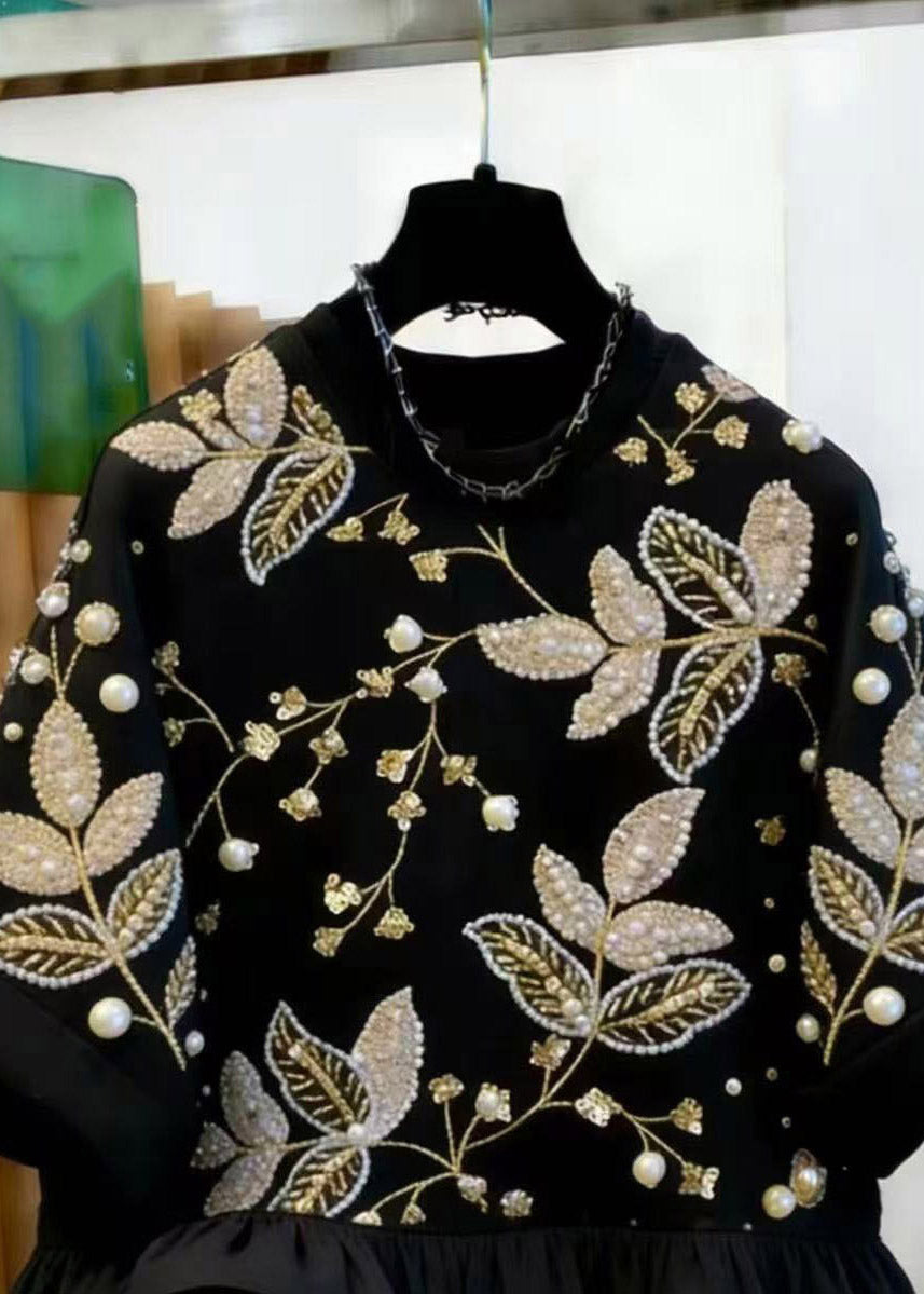 New Black Nail Bead Patchwork T Shirt Short Sleeve
