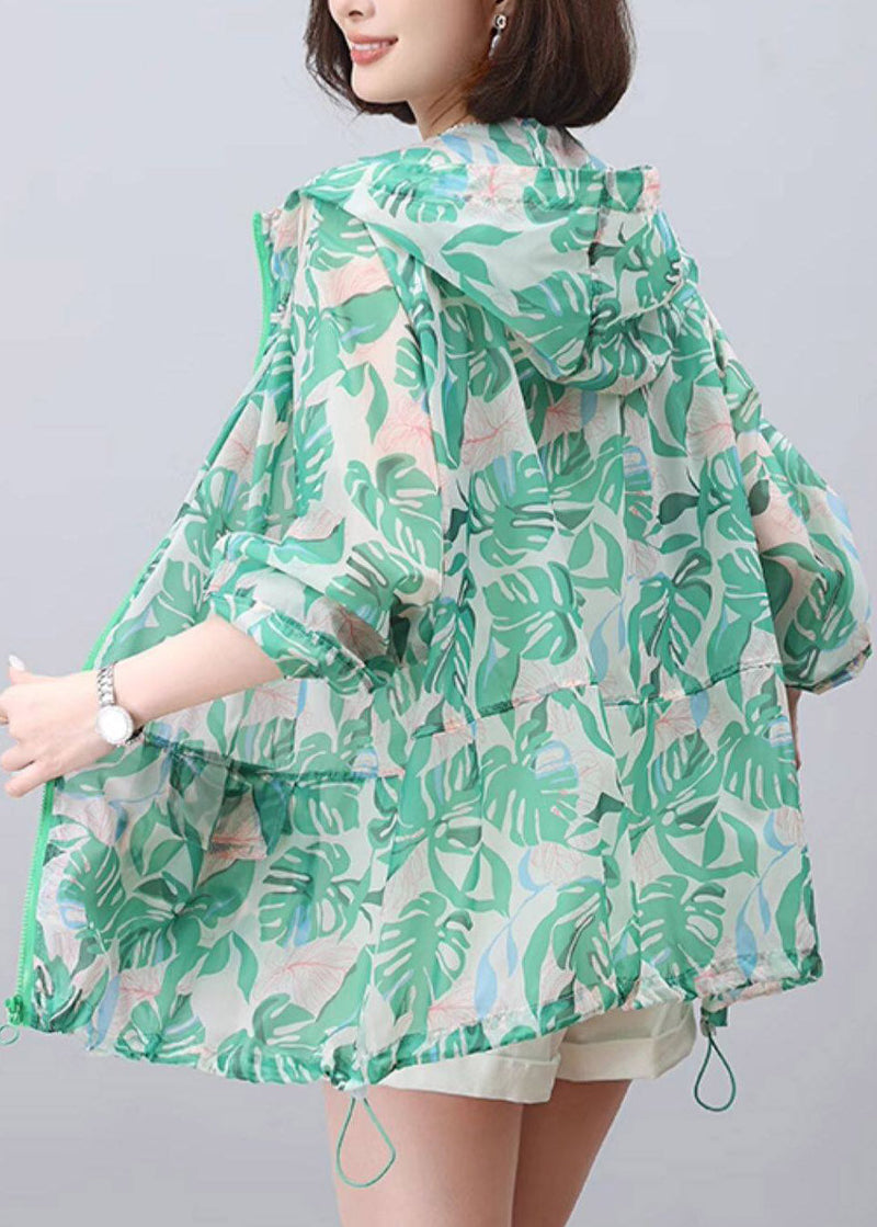 New Green Print Hooded Upf 50+ Coat Jacket Spring