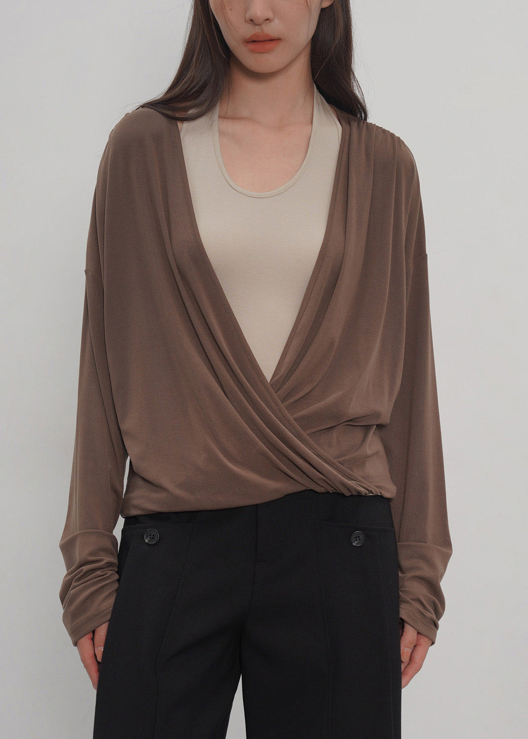 2026 New Grey Fake Two-Piece Spliced Neck Hanging Long Sleeved T-Shirt Top