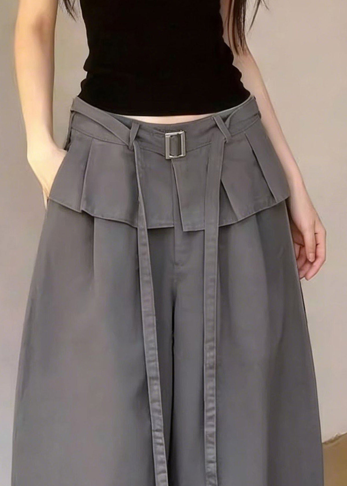 New Grey Pockets Patchwork Sashes Crop Pants