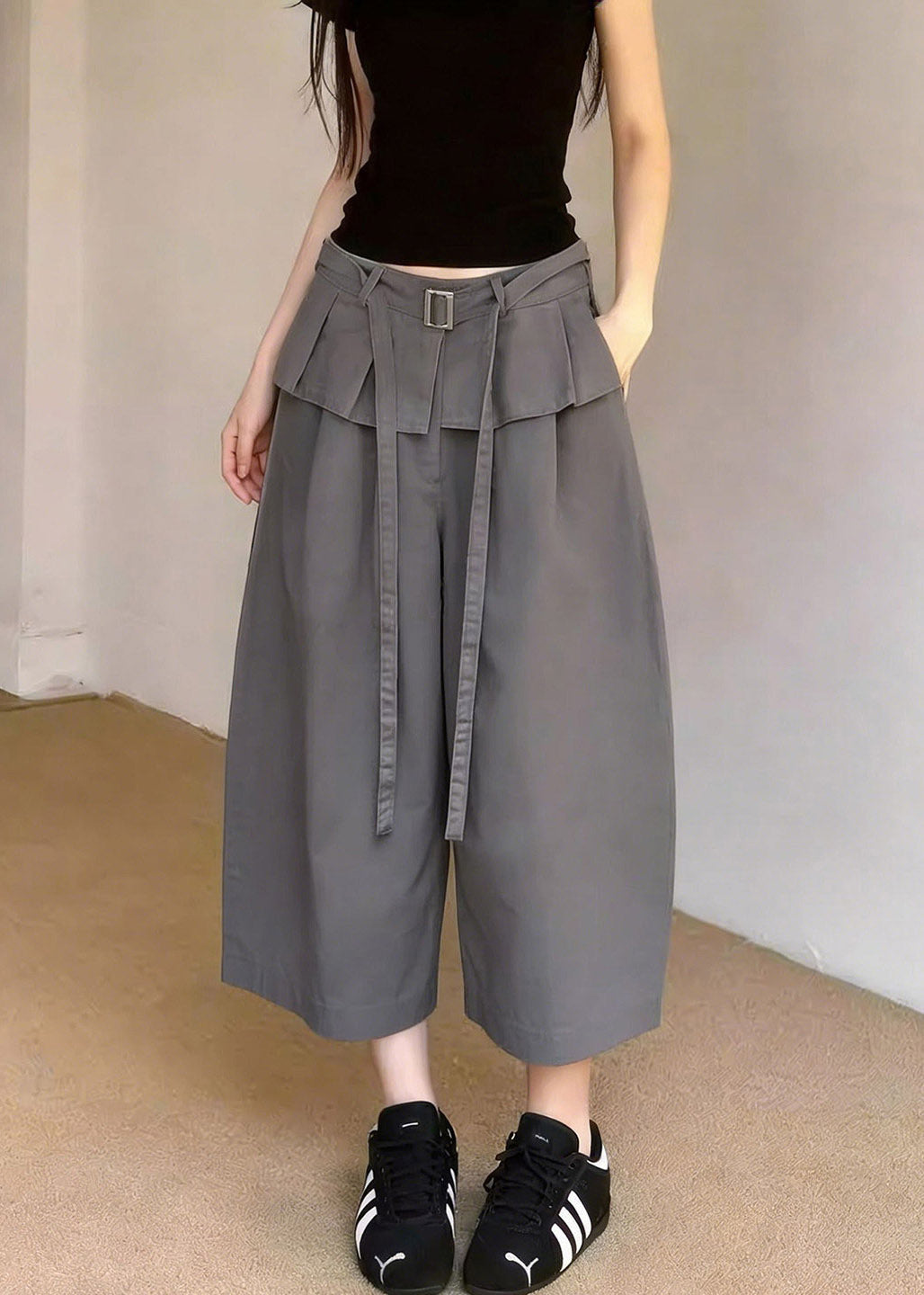 New Grey Pockets Patchwork Sashes Crop Pants