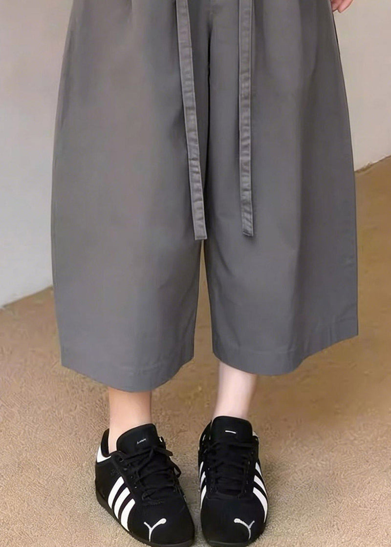 New Grey Pockets Patchwork Sashes Crop Pants