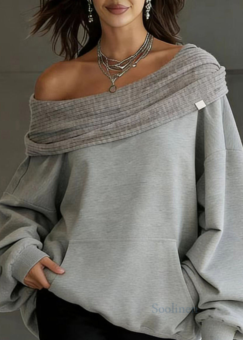 New Grey Slash Neck Hooded Pullover Spring