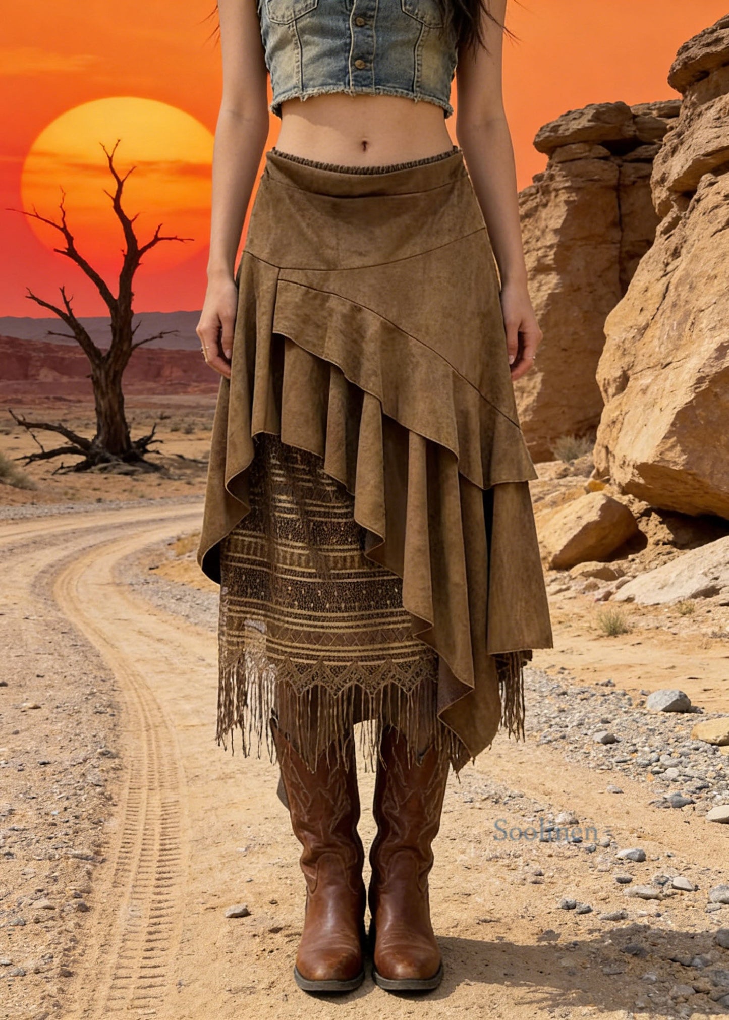 New Khaki Asymmetrical Design Faux Suede Skirts Spring