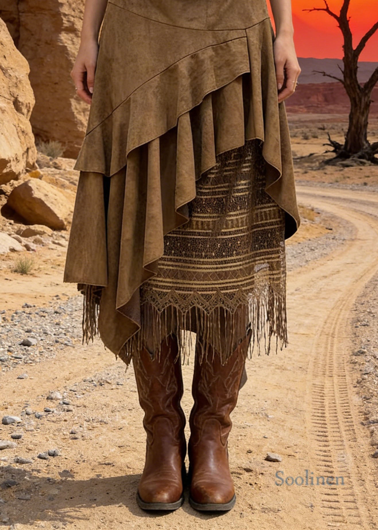 New Khaki Asymmetrical Design Faux Suede Skirts Spring