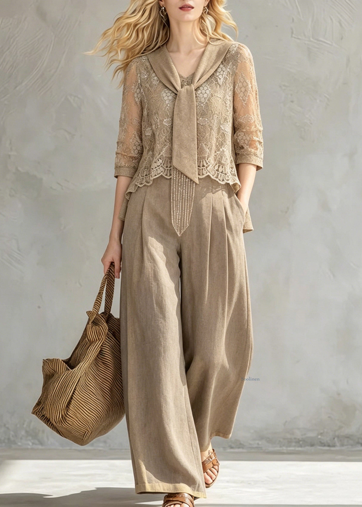 New Khaki Bow Lace Top and Wide Leg Pants Two Pieces Set Half Sleeve