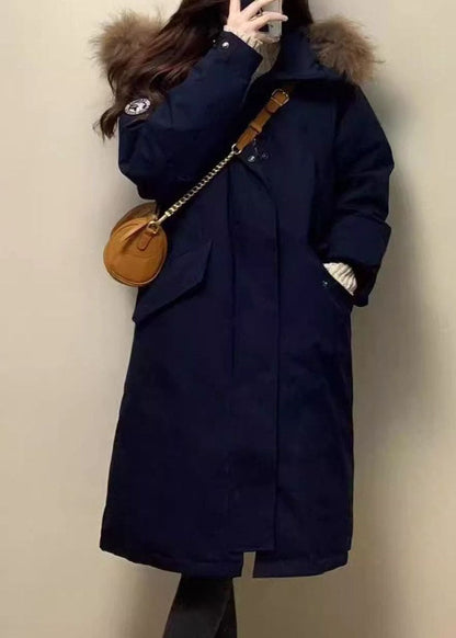 New Navy Blue Patchwork Detachable Long Parka Long Sleeve