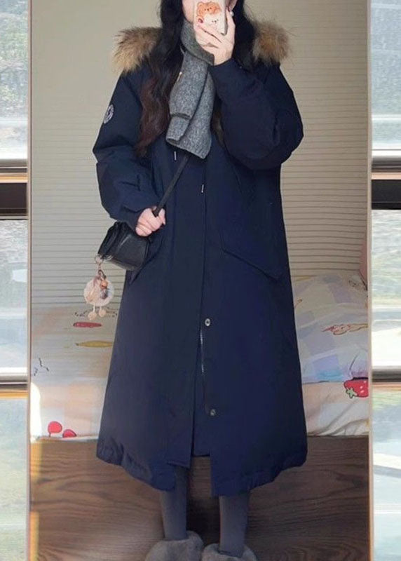 New Navy Blue Patchwork Detachable Long Parka Long Sleeve