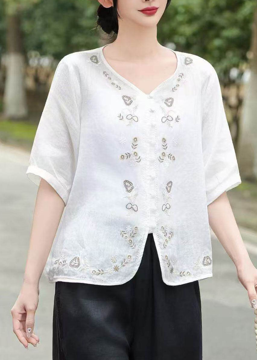 New Retro Yellow Embroidered Linen Top Summer