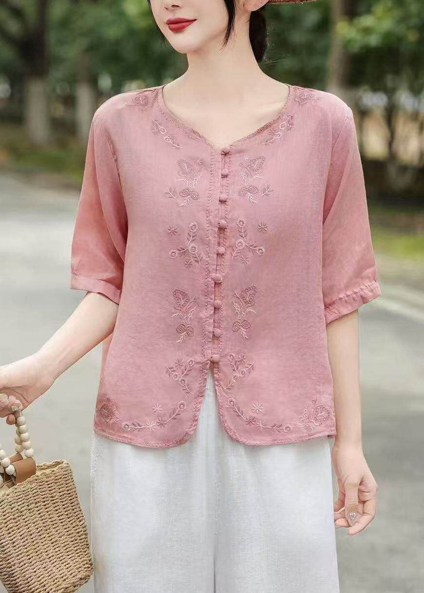 New Retro Yellow Embroidered Linen Top Summer