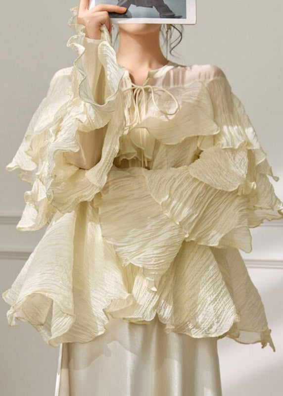 New Yellow Ruffled Patchwork Tie Lace Shirt Spring