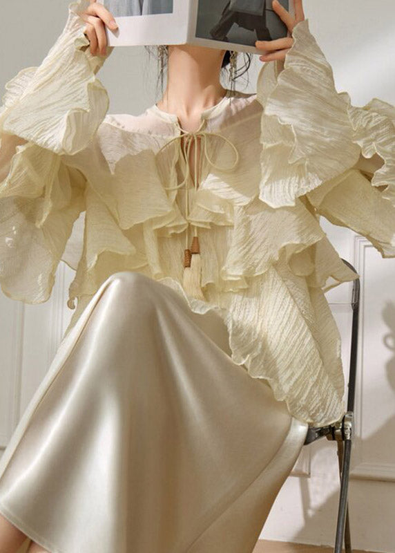 New Yellow Ruffled Patchwork Tie Lace Shirt Spring