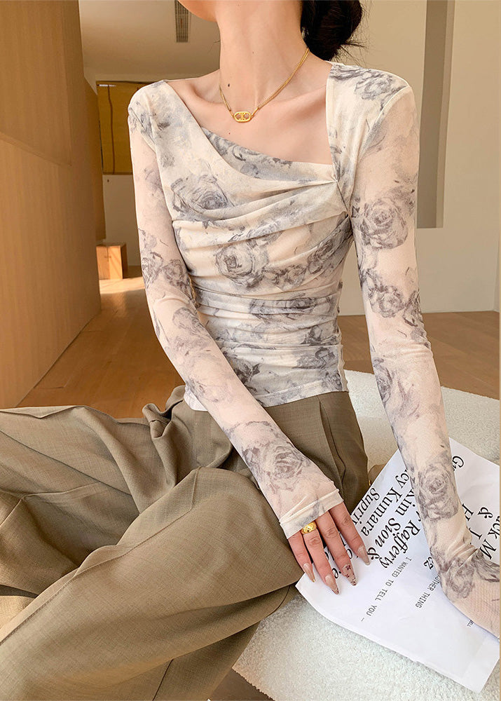 2026 Slim Sloping Shoulder Printed Long Sleeved T-Shirt Top