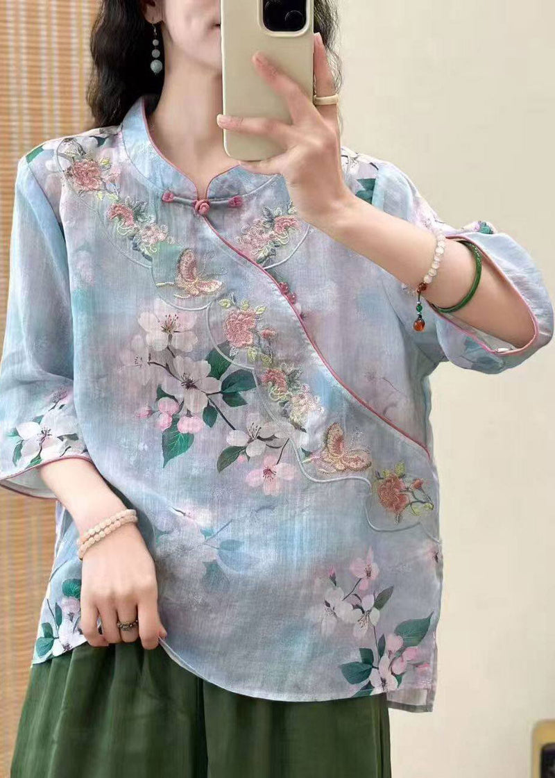 Yellow Stand Collar Patchwork Linen Top Three Quarter Sleeve