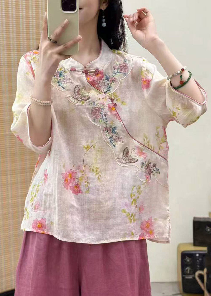 Yellow Stand Collar Patchwork Linen Top Three Quarter Sleeve