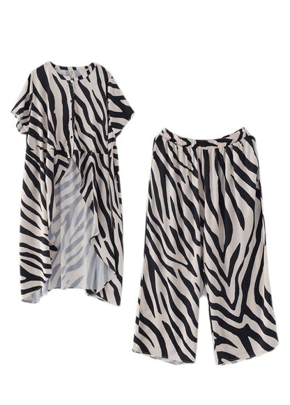 21 Summer Suit Zebra Stripe Silk Wide Leg Pants Irregular Two Piece Set