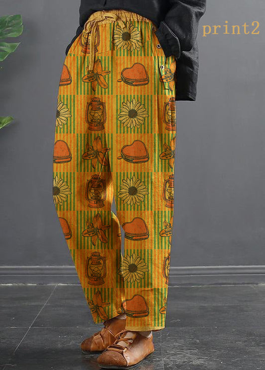 French Spring Wide Leg Pants Unique Yellow-print2 Inspiration Elastic Waist Wild Pants