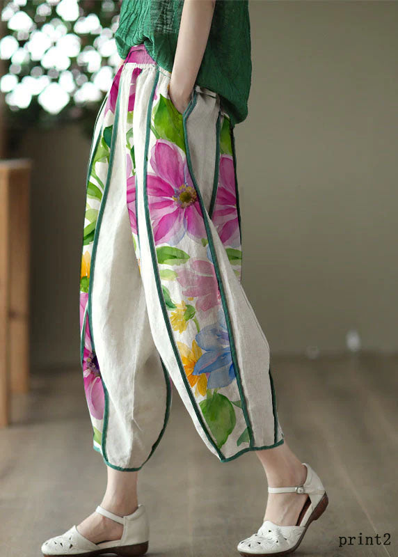 Retro Purple Flower Print5 Pockets Linen Skirt Summer