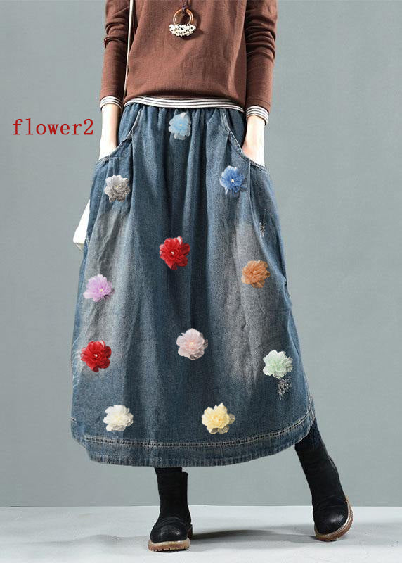 Blue-white Flower Pockets Retro Patchwork Summer Skirts Denim